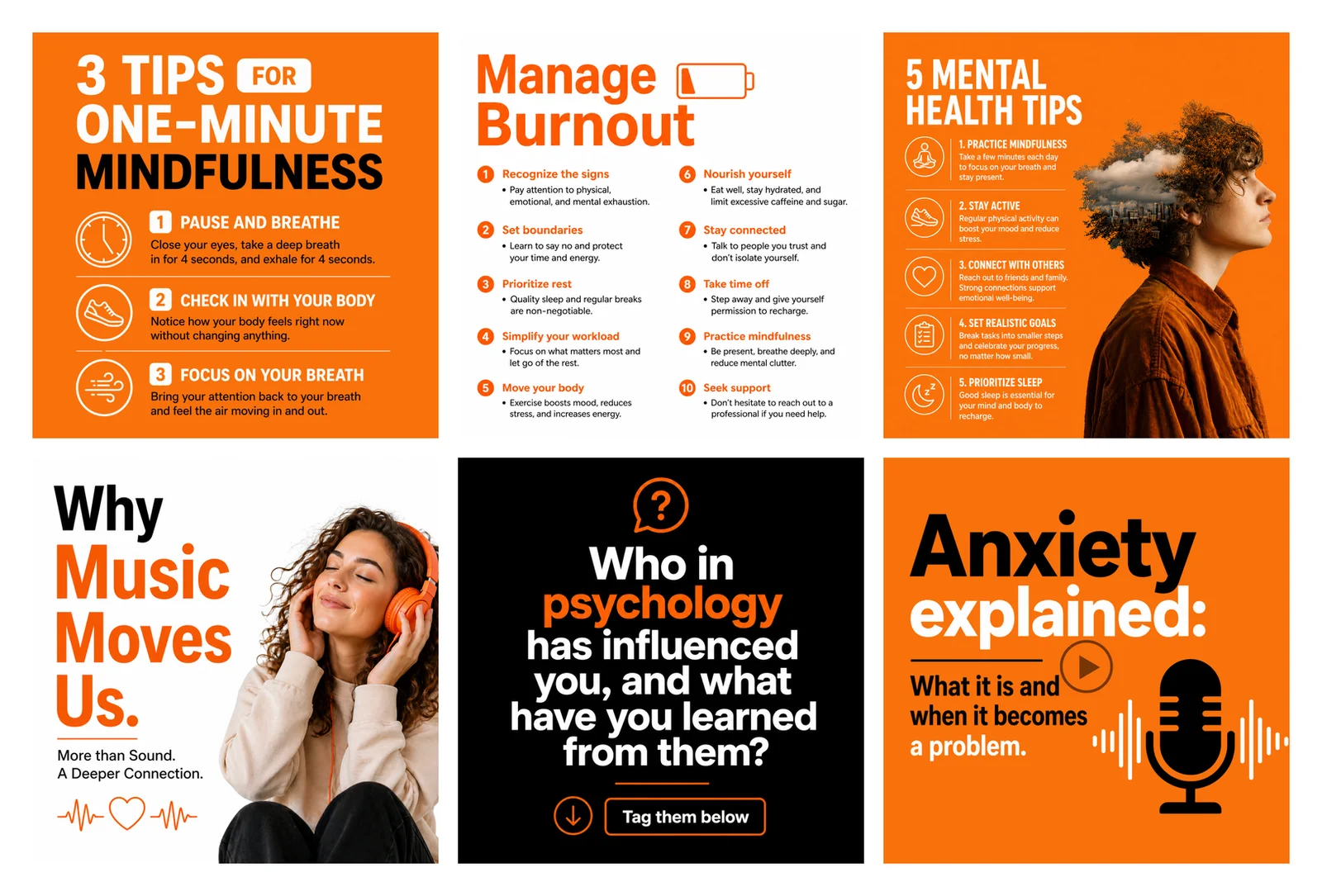 Orange and black mental health social media post set