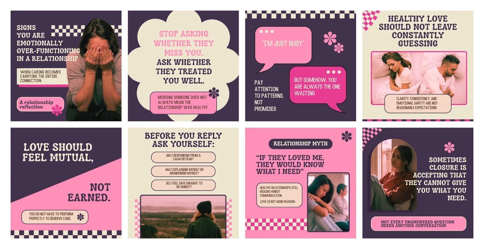 Retro pink and purple relationship psychology post set