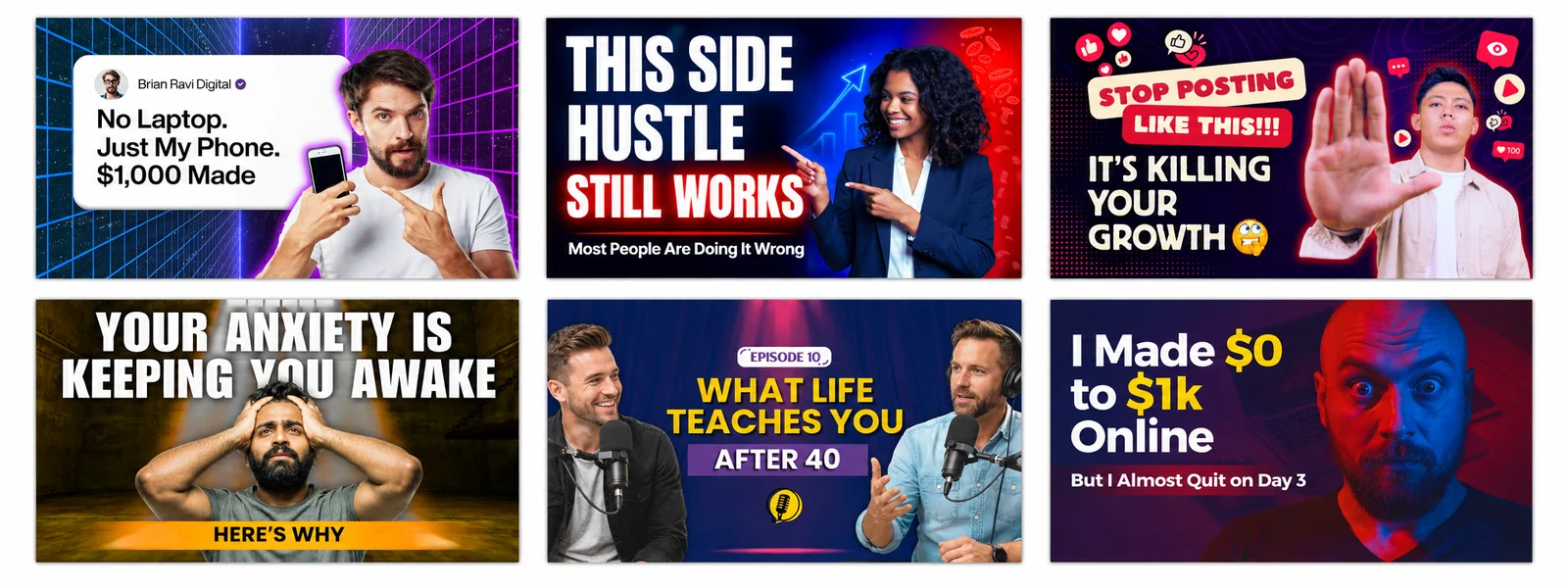 Set of six YouTube thumbnails